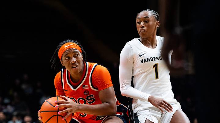Virginia Cavaliers guard Gabby White (3) looks while Vanderbilt Commodores guard Mikayla Blakes (1) guards during the women’s basketball game between the Vanderbilt Commodores and Virginia Cavaliers at Vanderbilt's Memorial Gymnasium in Nashville on Wednesday, Dec. 3, 2025.