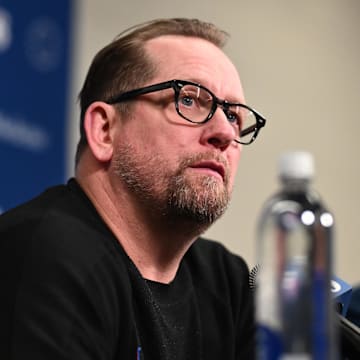 Apr 13, 2025; Philadelphia, Pennsylvania, USA; Philadelphia 76ers head coach Nick Nurse addresses the media with president of basketball operations Daryl Morey after the game against the Chicago Bulls at Wells Fargo Center. Mandatory Credit: Kyle Ross-Imagn Images