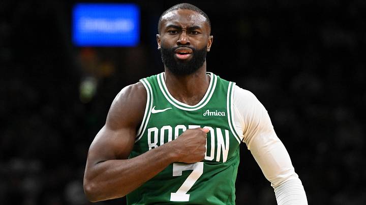 Dec 2, 2025; Boston, Massachusetts, USA; Boston Celtics guard Jaylen Brown (7) reacts after scoring against the New York Knicks during the second half at the TD Garden. Mandatory Credit: Brian Fluharty-Imagn Images