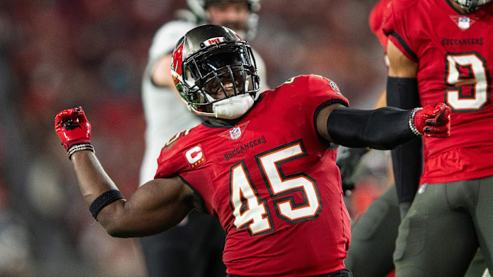 Dec 24, 2023; Tampa, Florida, USA; Tampa Bay Buccaneers linebacker Devin White (45) celebrates a sack against the Jacksonville Jaguars at Raymond James Stadium. Mandatory Credit: Jeremy Reper-Imagn Images