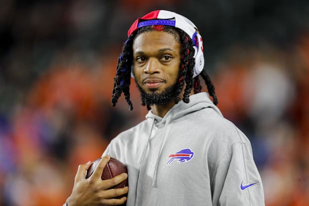 Buffalo Bills safety Damar Hamlin stands on the field during warmups before the game against the Cincinnati Bengals.