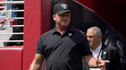 Aug 29, 2021; Santa Clara, California, USA; Las Vegas Raiders head coach Jon Gruden walks onto the field before the start of the game against the San Francisco 49ers at Levi's Stadium. Mandatory Credit: Cary Edmondson-Imagn Images
