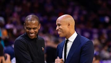 May 5, 2023; Phoenix, Arizona, USA; Phoenix Suns general manager James Jones (left) and ESPN analyst Richard Jefferson prior to the game against the Denver Nuggets in game three of the 2023 NBA playoffs at Footprint Center. Mandatory Credit: Mark J. Rebilas-Imagn Images