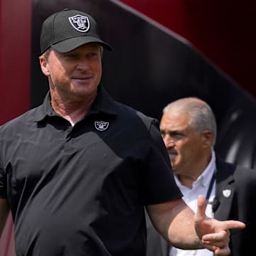 Aug 29, 2021; Santa Clara, California, USA; Las Vegas Raiders head coach Jon Gruden walks onto the field before the start of the game against the San Francisco 49ers at Levi's Stadium. Mandatory Credit: Cary Edmondson-Imagn Images