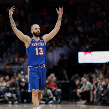 Feb 8, 2022; Denver, Colorado, USA; New York Knicks guard Evan Fournier (13) reacts in the third quarter against the Denver Nuggets at Ball Arena. Mandatory Credit: Isaiah J. Downing-USA TODAY Sports