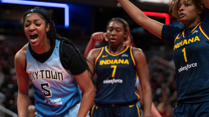 Chicago Sky forward Angel Reese reacts to a basket