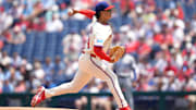 Jun 11, 2025; Philadelphia, Pennsylvania, USA; Philadelphia Phillies starting pitcher Jesus Luzardo (44) throws a pitch against the Chicago Cubs in the first inning at Citizens Bank Park.