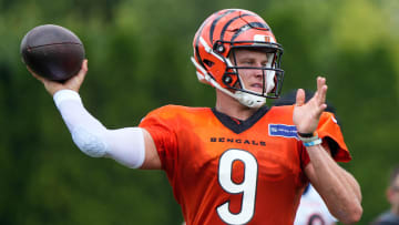 Bengals Joe Burrow winds up for a pass during their training camp on Thursday August 1, 2024.