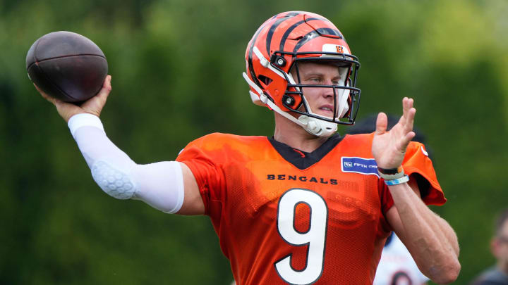 Bengals Joe Burrow winds up for a pass during their training camp on Thursday August 1, 2024.