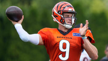Bengals Joe Burrow winds up for a pass during their training camp on Thursday August 1, 2024.