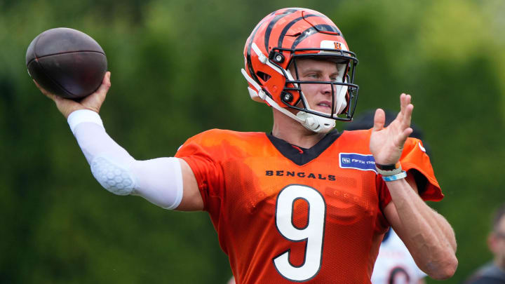 Bengals Joe Burrow winds up for a pass during their training camp on Thursday August 1, 2024.