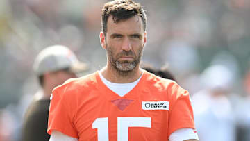 Cleveland Browns quarterback Joe Flacco (15) during training camp at CrossCountry Mortgage Campus.