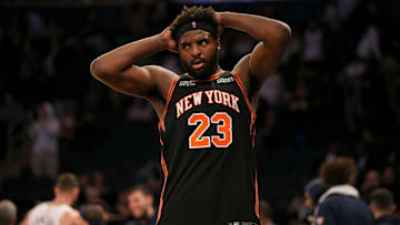 Jan 20, 2022; New York, New York, USA; New York Knicks center Mitchell Robinson (23) reacts during the fourth quarter against the New Orleans Pelicans at Madison Square Garden. Mandatory Credit: Brad Penner-Imagn Images