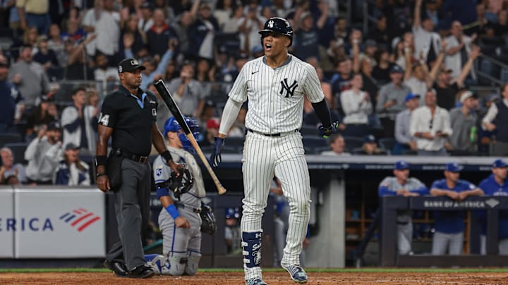 Sep 11, 2024; Bronx, New York, USA; New York Yankees right fielder Juan Soto (22) reacts after his two run home run during the sixth inning against the Kansas City Royals at Yankee Stadium. Mandatory Credit: Vincent Carchietta-Imagn Images