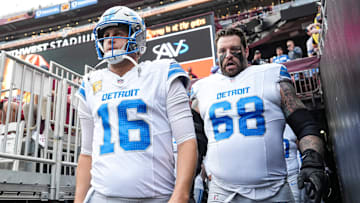 Detroit Lions quarterback Jared Goff (16) and offensive tackle Taylor Decker (68) get ready to take the field against Washington Commanders at Northwest Stadium in Landover, Md. on Sunday, November 9, 2025.