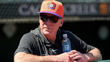 May 20, 2025; San Francisco, California, USA; San Francisco Giants manager Bob Melvin (6) watches batting practice before a game against the Kansas City Royals at Oracle Park. 