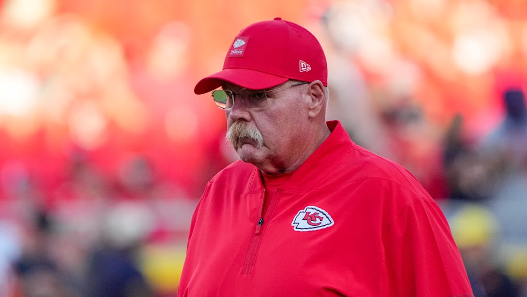 Aug 22, 2025; Kansas City, Missouri, USA; Kansas City Chiefs head coach Andy Reid on field against the Chicago Bears during the first half of the game at GEHA Field at Arrowhead Stadium. Mandatory Credit: Denny Medley-Imagn Images