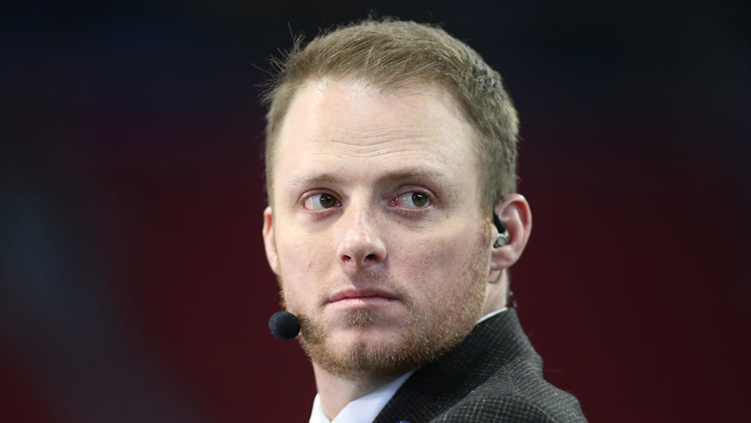 Dec 28, 2019; Atlanta, Georgia, USA; ESPN commentator Greg McElroy looks on before the 2019 Peach Bowl college football playoff semifinal game between the LSU Tigers and the Oklahoma Sooners at Mercedes Benz Stadium. Mandatory Credit: Brett Davis-Imagn Images