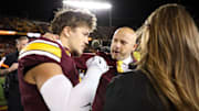 Oct 11, 2025; Minneapolis, Minnesota, USA; Minnesota Golden Gophers head coach P.J. Fleck and defensive back Koi Perich (3) are interviewed after the game against the Purdue Boilermakers at Huntington Bank Stadium. Mandatory Credit: Matt Krohn-Imagn Images