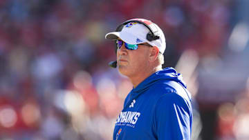 Nov 8, 2025; Tucson, Arizona, USA; Kansas Jayhawks head coach Lance Leipold against the Arizona Wildcats at Arizona Stadium. Mandatory Credit: Mark J. Rebilas-Imagn Images