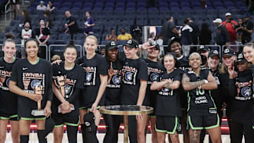 Jun 25, 2024; Belmont Park, New York, USA;  The Minnesota Lynx celebrate after defeating the New York Liberty 94-89 to win the WNBA Commissioner’s Cup Championship at UBS Arena. Mandatory Credit: Wendell Cruz-Imagn Images