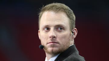 Dec 28, 2019; Atlanta, Georgia, USA; ESPN commentator Greg McElroy looks on before the 2019 Peach Bowl college football playoff semifinal game between the LSU Tigers and the Oklahoma Sooners at Mercedes Benz Stadium. Mandatory Credit: Brett Davis-Imagn Images