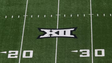 Oct 22, 2022; Lubbock, Texas, USA;  A general view of the Big 12 Logo on the field before the game between the West Virginia Mountaineers and the Texas Tech Red Raiders at Jones AT&T Stadium and Cody Campbell Field. Mandatory Credit: Michael C. Johnson-USA TODAY Sports