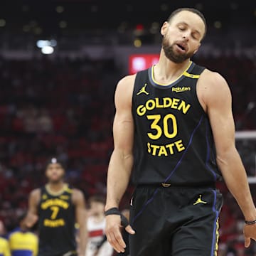 May 4, 2025; Houston, Texas, USA; Golden State Warriors guard Stephen Curry (30) reacts during game seven of the first round for the 2025 NBA Playoffs against the Houston Rockets at Toyota Center. Mandatory Credit: Troy Taormina-Imagn Images