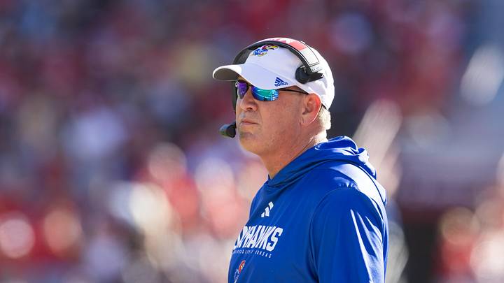 Nov 8, 2025; Tucson, Arizona, USA; Kansas Jayhawks head coach Lance Leipold against the Arizona Wildcats at Arizona Stadium. Mandatory Credit: Mark J. Rebilas-Imagn Images