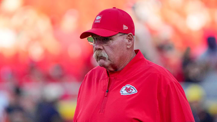 Aug 22, 2025; Kansas City, Missouri, USA; Kansas City Chiefs head coach Andy Reid on field against the Chicago Bears during the first half of the game at GEHA Field at Arrowhead Stadium. Mandatory Credit: Denny Medley-Imagn Images