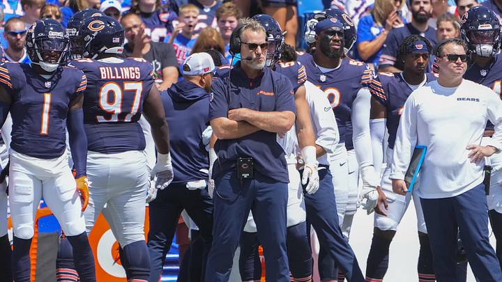 Aug 10, 2024; Orchard Park, New York, USA; Chicago Bears head coach Matt Eberflus looks on from the sidelines during the first half against the Buffalo Bills at Highmark Stadium.