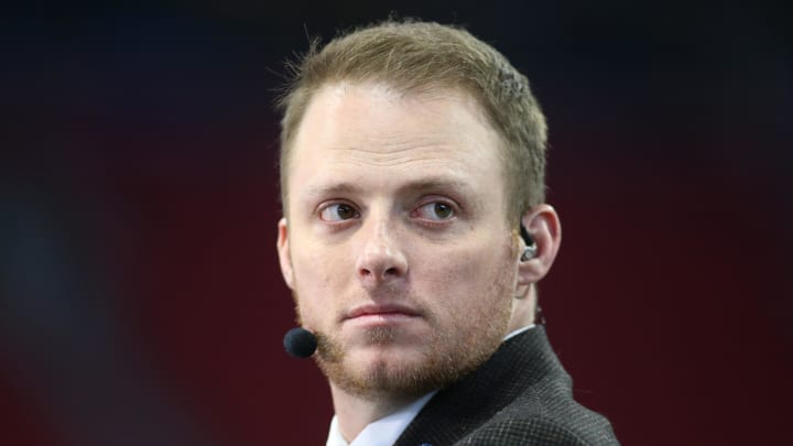 Dec 28, 2019; Atlanta, Georgia, USA; ESPN commentator Greg McElroy looks on before the 2019 Peach Bowl college football playoff semifinal game between the LSU Tigers and the Oklahoma Sooners at Mercedes Benz Stadium. Mandatory Credit: Brett Davis-USA TODAY Sports