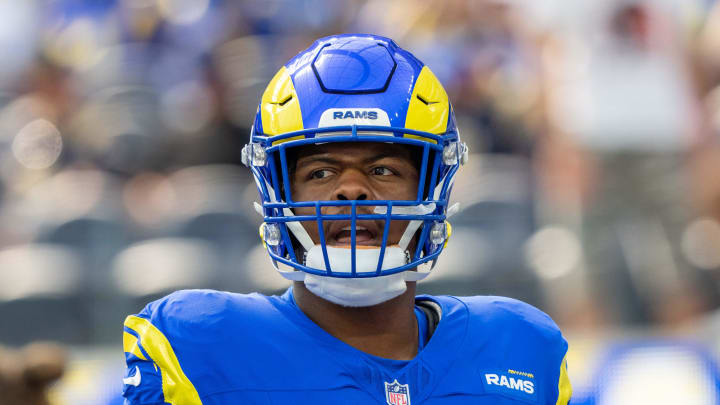 October 15, 2023; Inglewood, California, USA; Los Angeles Rams offensive tackle Warren McClendon Jr. (71) before the game against the Arizona Cardinals at SoFi Stadium. Mandatory Credit: Kyle Terada-USA TODAY Sports