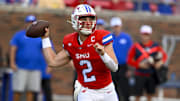 Sep 6, 2024; Dallas, Texas, USA; Southern Methodist Mustangs quarterback Preston Stone (2) passes the ball against the Brigham Young Cougars during the first half at Gerald J. Ford Stadium. Mandatory Credit: Jerome Miron-Imagn Images