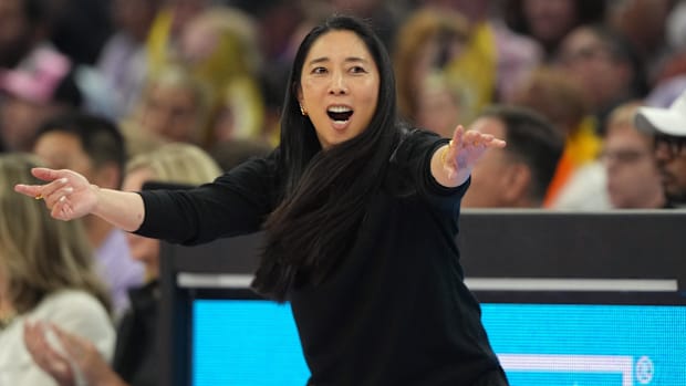 Golden State Valkyries head coach Natalie Nakase yells during the second quarter against the Seattle Storm.