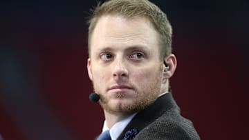 Dec 28, 2019; Atlanta, Georgia, USA; ESPN commentator Greg McElroy looks on before the 2019 Peach Bowl college football playoff semifinal game between the LSU Tigers and the Oklahoma Sooners at Mercedes Benz Stadium. Mandatory Credit: Brett Davis-Imagn Images