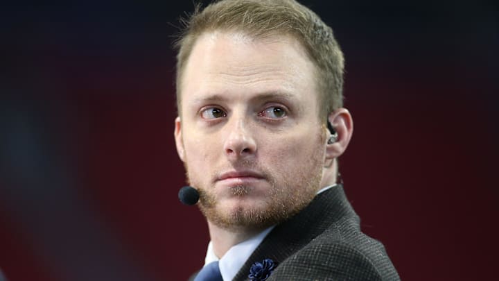Dec 28, 2019; Atlanta, Georgia, USA; ESPN commentator Greg McElroy looks on before the 2019 Peach Bowl college football playoff semifinal game between the LSU Tigers and the Oklahoma Sooners at Mercedes Benz Stadium. Mandatory Credit: Brett Davis-Imagn Images