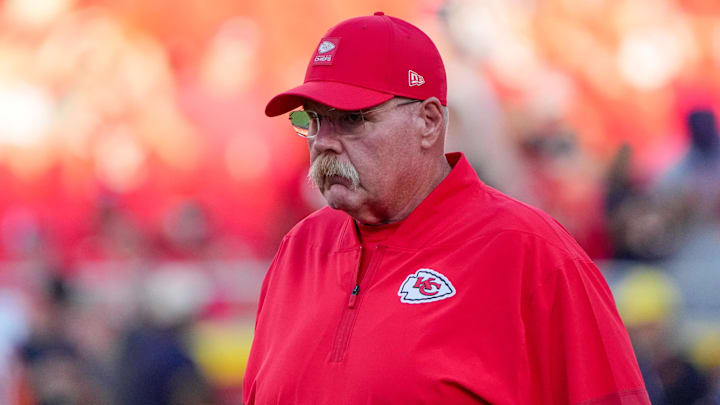 Aug 22, 2025; Kansas City, Missouri, USA; Kansas City Chiefs head coach Andy Reid on field against the Chicago Bears during the first half of the game at GEHA Field at Arrowhead Stadium. Mandatory Credit: Denny Medley-Imagn Images
