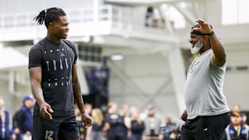 Apr 4, 2025; Boulder, CO, USA; Colorado Buffaloes wide receiver Travis Hunter (12) runs drills at the University of Colorado NFL Showcase at the CU Indoor Practice Facility. Mandatory Credit: Michael Ciaglo-Imagn Images