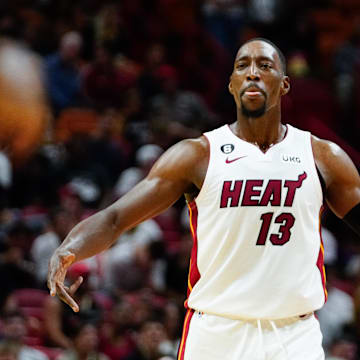 Oct 12, 2022; Miami, Florida, USA; Miami Heat center Bam Adebayo (13) celebrates after a play against the New Orleans Pelicans during the third quarter at FTX Arena. Mandatory Credit: Rich Storry-Imagn Images