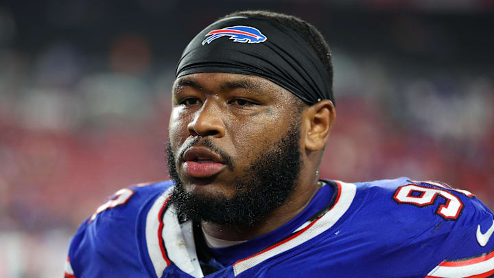 Aug 23, 2025; Tampa, Florida, USA;Buffalo Bills defensive tackle DeWayne Carter (90) looks on after a game against the Tampa Bay Buccaneers at Raymond James Stadium. Mandatory Credit: Nathan Ray Seebeck-Imagn Images