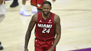 Apr 20, 2025; Cleveland, Ohio, USA; Miami Heat forward Haywood Highsmith (24) reacts in the fourth quarter against the Cleveland Cavaliers at Rocket Arena. Mandatory Credit: David Richard-Imagn Images