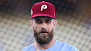 Oct 8, 2025; Los Angeles, California, USA; Philadelphia Phillies first baseman Bryce Harper (3) looks on during warms up before the game against the Los Angeles Dodgers during game three of the NLDS round for the 2025 MLB playoffs at Dodger Stadium. 