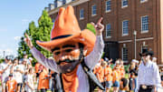 Sep 17, 2022; Stillwater, Oklahoma, USA; Pistol Pete walks in the Spirit Walk before a football game
