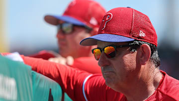 Mar 2, 2023; Fort Myers, Florida, USA; Philadelphia Phillies manager Rob Thomson (59) looks on during the second inning against the Boston Red Sox at JetBlue Park at Fenway South. Mandatory Credit: Kim Klement-Imagn Images