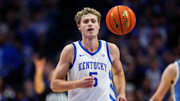 Dec 2, 2025; Lexington, Kentucky, USA; Kentucky Wildcats guard Collin Chandler (5) runs down the court during the second half against the North Carolina Tar Heels at Rupp Arena at Central Bank Center. Mandatory Credit: Jordan Prather-Imagn Images