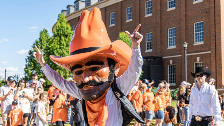 Sep 17, 2022; Stillwater, Oklahoma, USA; Pistol Pete walks in the Spirit Walk before a football game between Oklahoma State Cowboys and Arkansa at Pine Bluff Golden Lions at Boone Pickens Stadium. Mandatory Credit: Nathan J. Fish-USA TODAY Sports