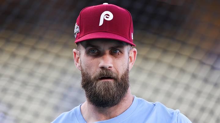 Oct 8, 2025; Los Angeles, California, USA; Philadelphia Phillies first baseman Bryce Harper (3) looks on during warms up before the game against the Los Angeles Dodgers during game three of the NLDS round for the 2025 MLB playoffs at Dodger Stadium.