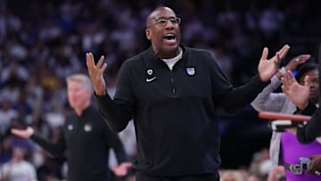 Apr 16, 2024; Sacramento, California, USA; Sacramento Kings head coach Mike Brown reacts after the Kings were called for a foul against the Golden State Warriors in the second quarter during a play-in game of the 2024 NBA playoffs at the Golden 1 Center. Mandatory Credit: Cary Edmondson-Imagn Images