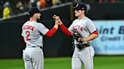 Aug 27, 2025; Baltimore, Maryland, USA; Boston Red Sox third baseman Alex Bregman (2) celebrates the win against the Baltimore Orioles with outfielder Roman Anthony (19)  at Oriole Park at Camden Yards. Mandatory Credit: James A. Pittman-Imagn Images